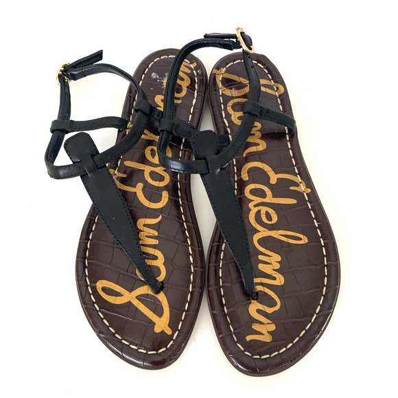 Sam Edelman Gigi Leather T Strap Flat Sandal Thong Toe Ankle Strap Black 5.5 - Picture 2 of 10